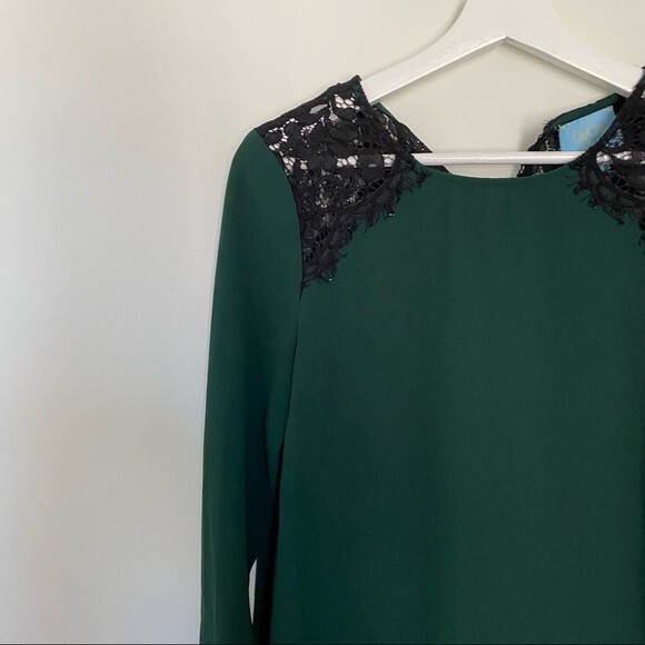 Cece by Cynthia Steffe Dress Forest Green Black Lace Trim Shift Long Sleeve Mini - Picture 2 of 8